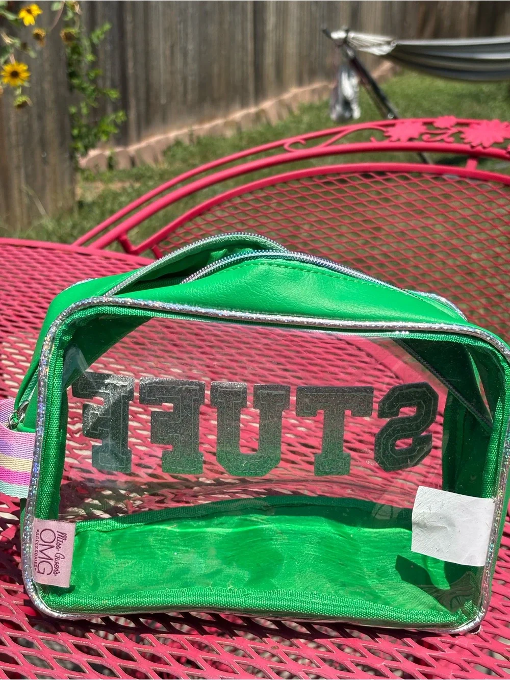 Green Clear Cosmetic Bag with 'STUFF' Glitter Monogram Lettering